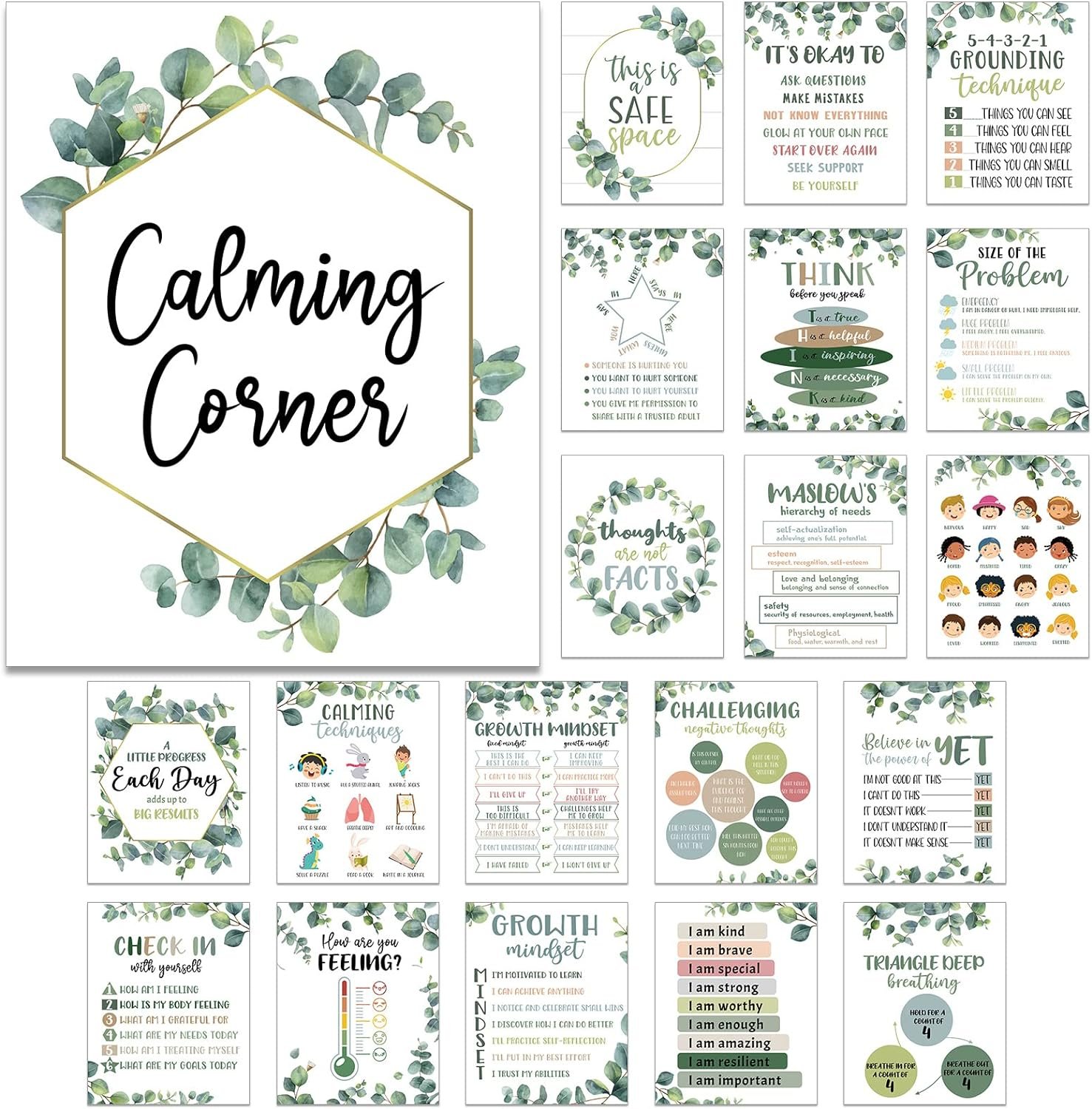 Harloon 20 Pcs Calming Corner Classroom Posters Mental Health Posters Therapy Office Feelings Chart Home Preschool Elementary Classroom Educational Decorations for Teachers Kids(Greenery)