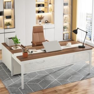 Tribesigns 70.8″ Large Executive Office Desk and 47″ Lateral File Cabinet Combo, L-Shaped Computer Desk 2 Piece Business Furniture with Drawers and Shelves, Home Office Workstation, Walnut & White