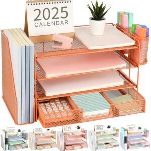 gianotter Paper Letter Tray Organizer with File Holder, 4-Tier Desk Accessories & Workspace Desk Organizers with Drawer and 2 Pen Holder for Office Supplies (Orange)