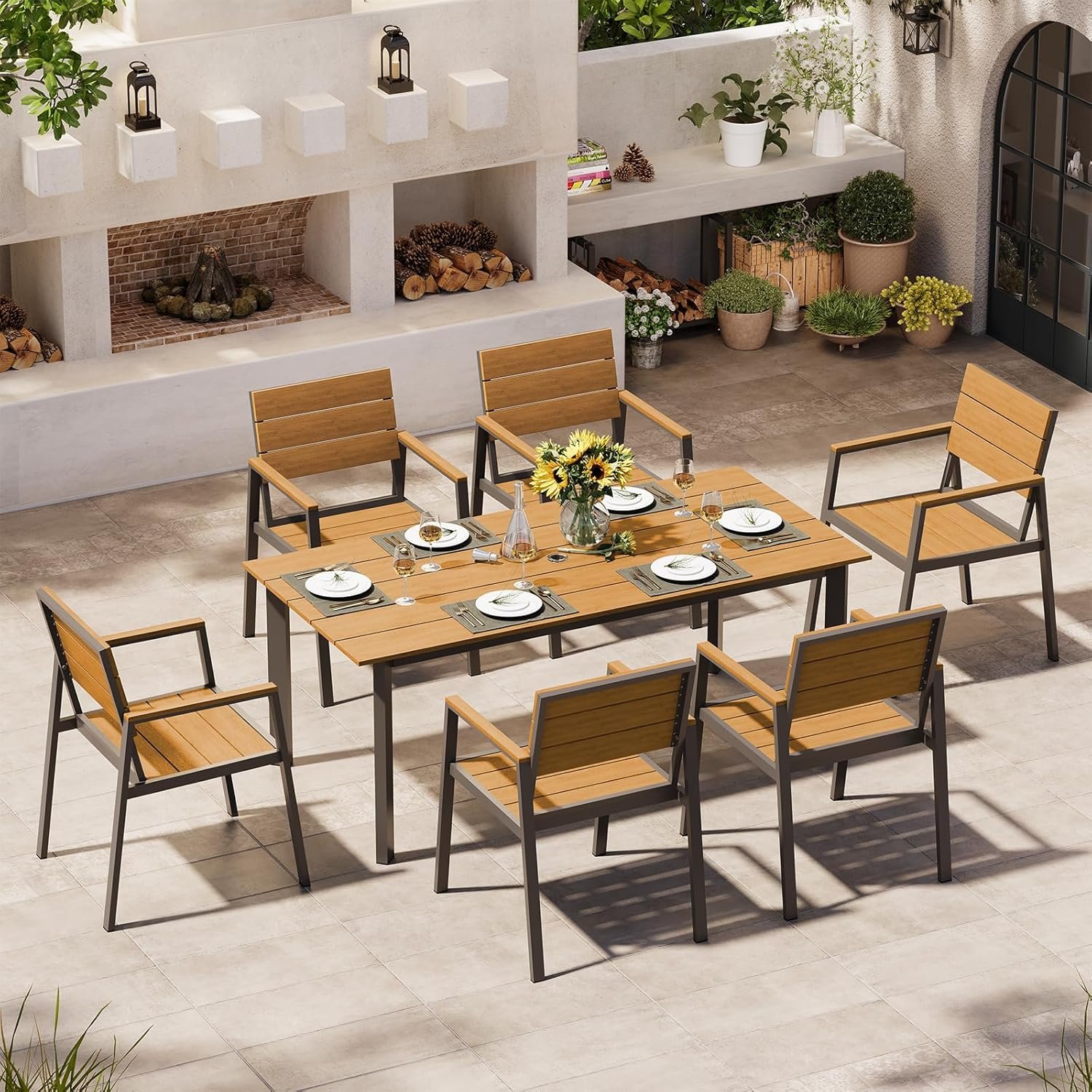 Outdoor Dining Set for 6, Patio Table and Chairs Set with Umbrella Hole, 7 Pieces HDPS Outdoor Furniture Sets for Patio, Garden, Backyard (Gray & Teak)