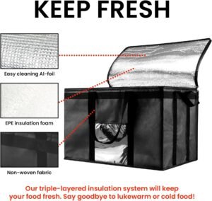 3XL Insulated Cooler Bag and Food Warmer for Delivery & Grocery Shopping with Zippered Top, Black (1 Pack)