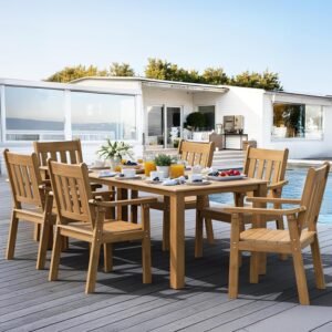 YEFU Outdoor Patio Dining Sets: All Weather 7 Piece Dining Table Set for 6 with Umbrella Hole & Aluminum Frame – Outdoor Furniture Patio Table and Chairs Set for Outside Backyard/Pool/Porch/Deck Teak