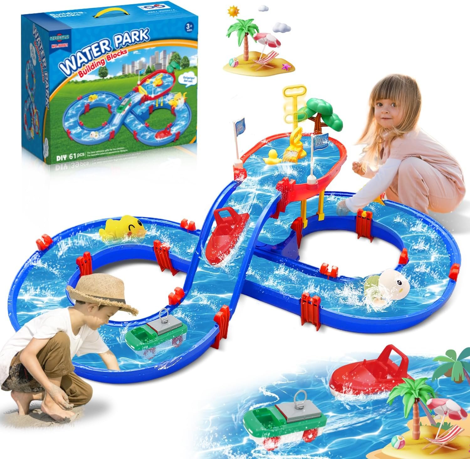 2-Tier Water Table Toys for Kids,61PCS Water Park Playset with Pump,Summer Water Toys Waterways for Backyard Beach Pool Lawn,Outdoor Toy for Toddlers 3-5 4-8, Gifts for Boys Girls
