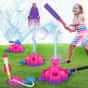 4-in-1 Sprinkler Toys for Kids Water Outdoor Baseball Rocket Launcher Rotating Water Spray Sprinklers Toys Toddler 4-8 8-12 Year Old Summer Backyard Garden Lawn Pool Outside Water Play Game Ages 3-5