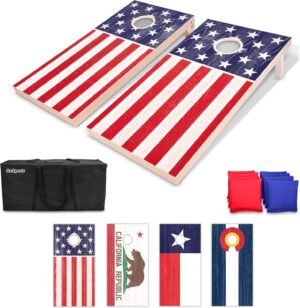 GoSports 4 x 2 ft Flag Series Wood Cornhole Sets – American Flag or State Flags – Includes 2 Regulation Size Boards, 8 Bean Bags, Carrying Case and Rules