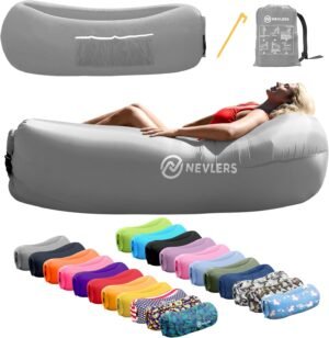 Nevlers Inflatable Lounger | 210T Polyester Inflatable Chair | No-Pump Blow Up Couch | Camping Couch Air Sofa Bed w/ 450 lbs. Cap., Pockets & Matching Bag | Use as Inflatable Couch for Adults & Kids