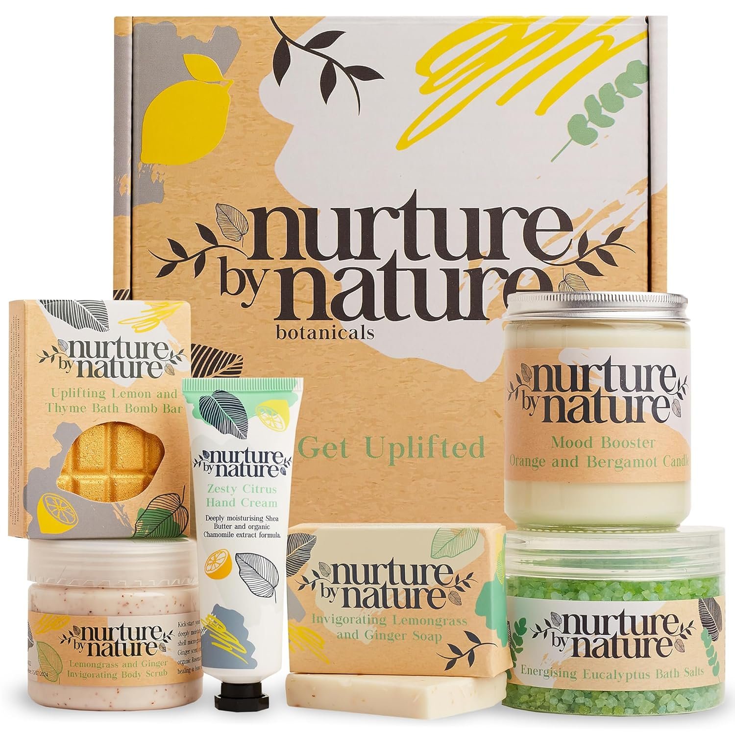 Nurture by Nature RELAX & UPLIFT Spa Kit – Mothers Day Gifts – Spa Gift Baskets for Women, Self-Care Gifts, Complete Bath Sets for Women Gift – Bath Salts, Bath Bombs & Candle, Relaxation Gifts