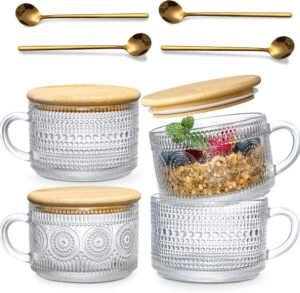 LANDNEOO 4pcs Set Vintage Coffee Mugs gifts for women, Overnight Oats Containers with Bamboo Lids and Spoons – 14oz Clear Embossed Glass Cups, Cute Coffee Bar Accessories, Iced Coffee Glasses