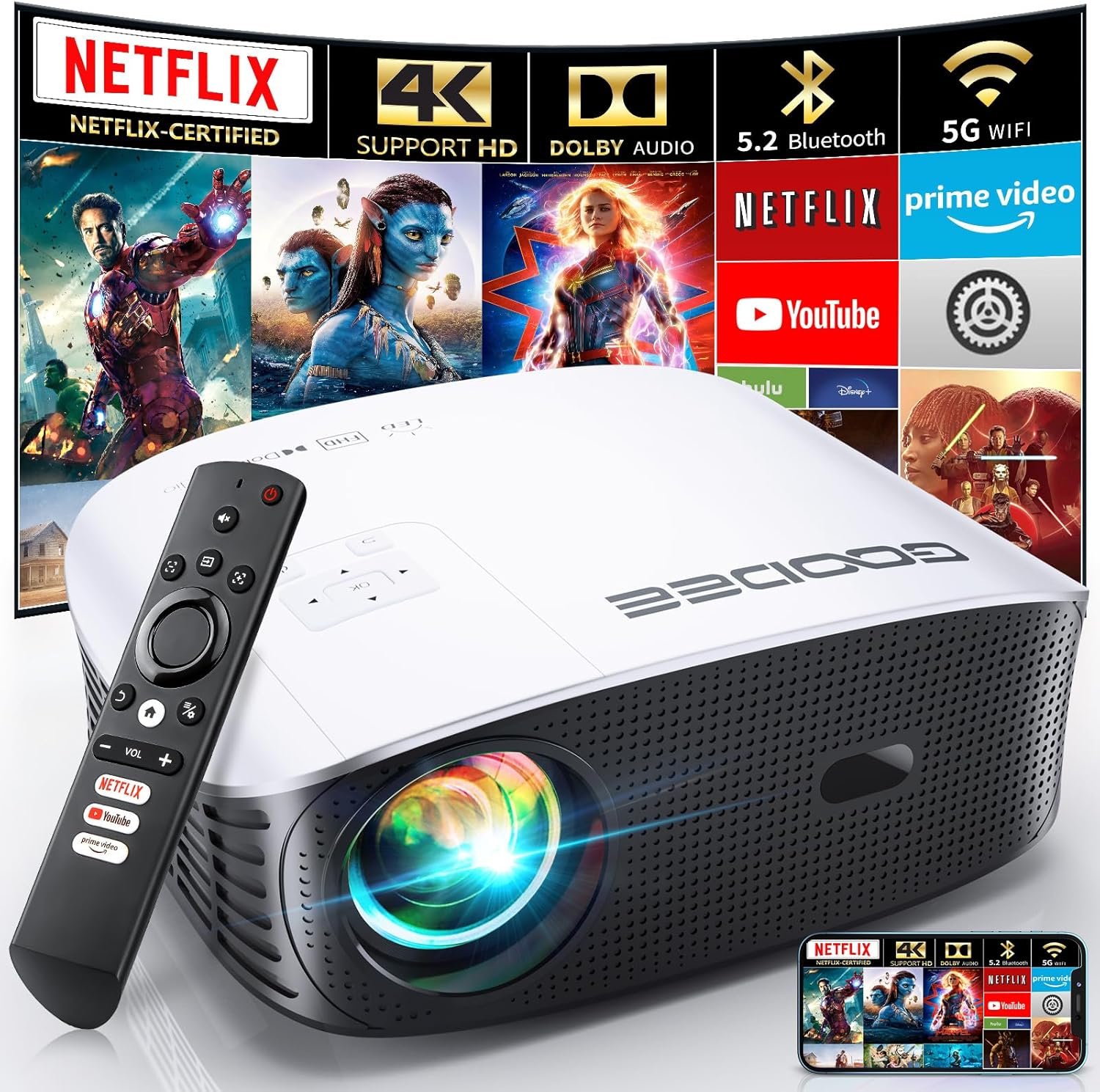GooDee Smart 4K Projector with 5G WIFI and Bluetooth, Netflix/Amazn Prime Video Certified, Dolby Audio, 800ANSI Outdoor Projector, 400″ Zoom Home Theater Projector Compatible with TV Stick,iOS,Android
