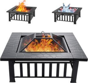 32 inch Fire Pit, Square Outdoor Fire Pit Table with Spark Screen & Fire Poker, 3-in-1 Multipurpose Firepits for Outside, Fireplace for Yard, Garden, Patio