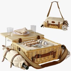 Large Wicker Picnic Basket kit Set for 2 Adults with Blanket Family Folding Wine Table,Insulated Portable Extra Big Storage Capacity Natural Woven Rattan Canasta de Full Tablewares Camping Outdoor