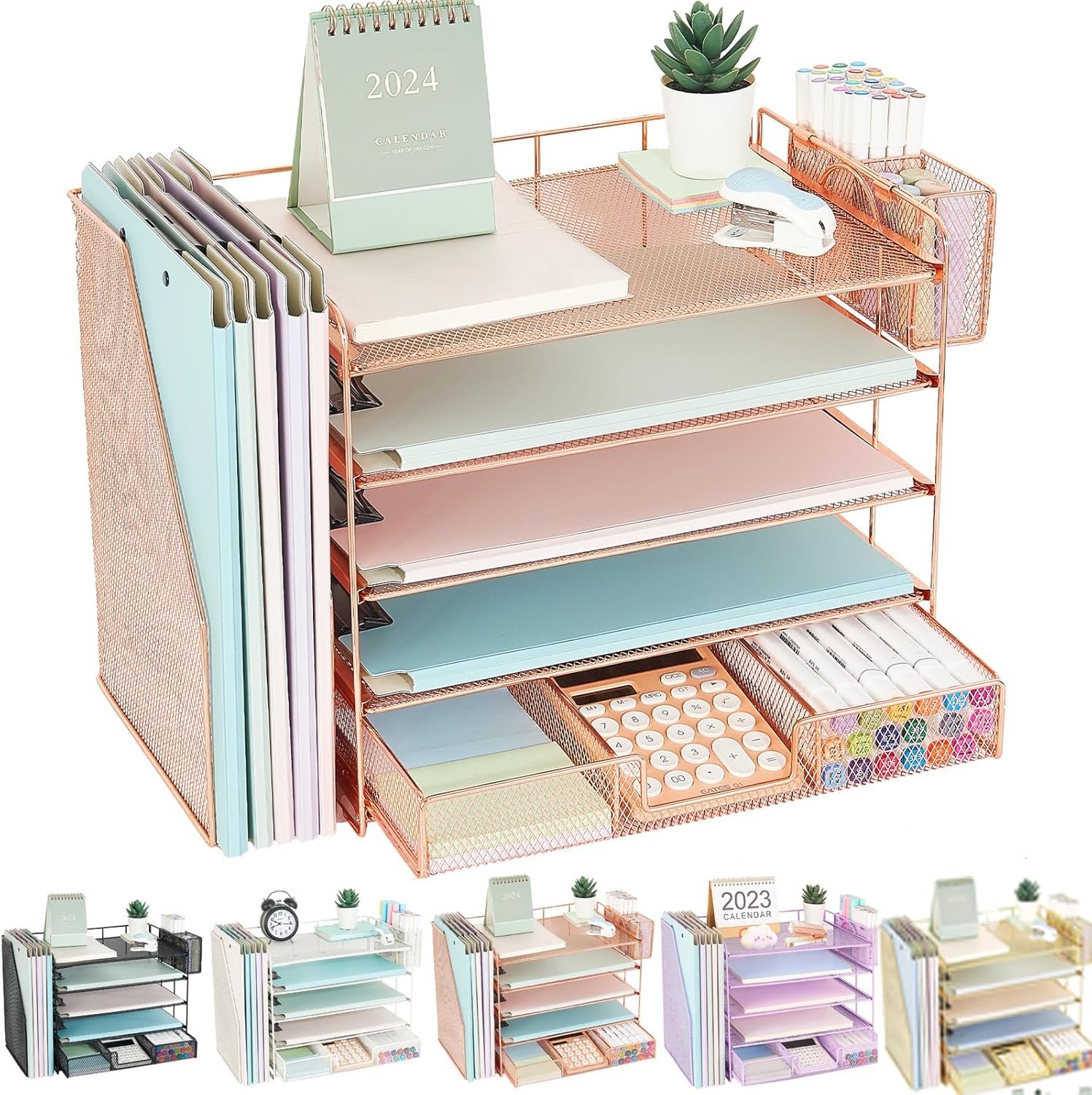 Youbetia 5 Tier Paper Letter Tray Organizer with Mesh File Holder, Desk Accessories & Workspace Desktop Organizers with Drawer and Pen Holder, Office Supplies Desk Organizer (rose gold)