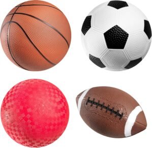 Bedwina Sports Balls for Kids & Toddlers – 5-inch Sports Balls Set Includes Football, Small Soccer Ball, Basketball, and Playground Balls, Fun Indoors & Outdoor Toys (Hand Pump Included)