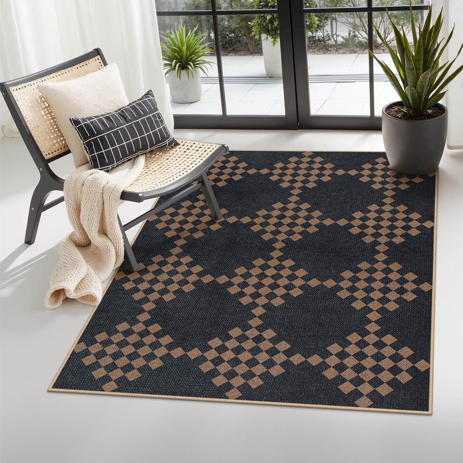 Lahome Checkered Easy Jute Entryway Patio Rug, 3×5 Black Washable Rugs for Living Room Office Farmhouse Carpet, Non Slip Nature Diamond Indoor Door Mat for Entry Classroom