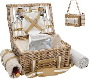 G GOOD GAIN Picnic Basket for 2-19Pcs Wicker Picnic Set with Waterproof Blanket & Wine Bag| Large Picnic Hamper with Insulated Cooler & Cutlery Kit for Couples Camping,White Flower,15×10.6×7.5inch