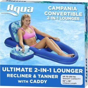 Aqua Campania Ultimate 2-in-1 Pool Float Lounge – Extra Large – Inflatable Pool Floats for Adults with Adjustable Backrest & Cupholder Caddy – Multiple Colors/Styles