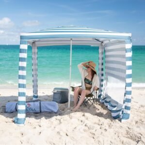 CROWN SHADES Beach Cabana 6.5 x 6.5, Cool Cabana Beach Tent Easy Pop Up – Beach Cabanas for Sand – UPF50+ Protection with Sidewall and More Pockets, Cyan Blue