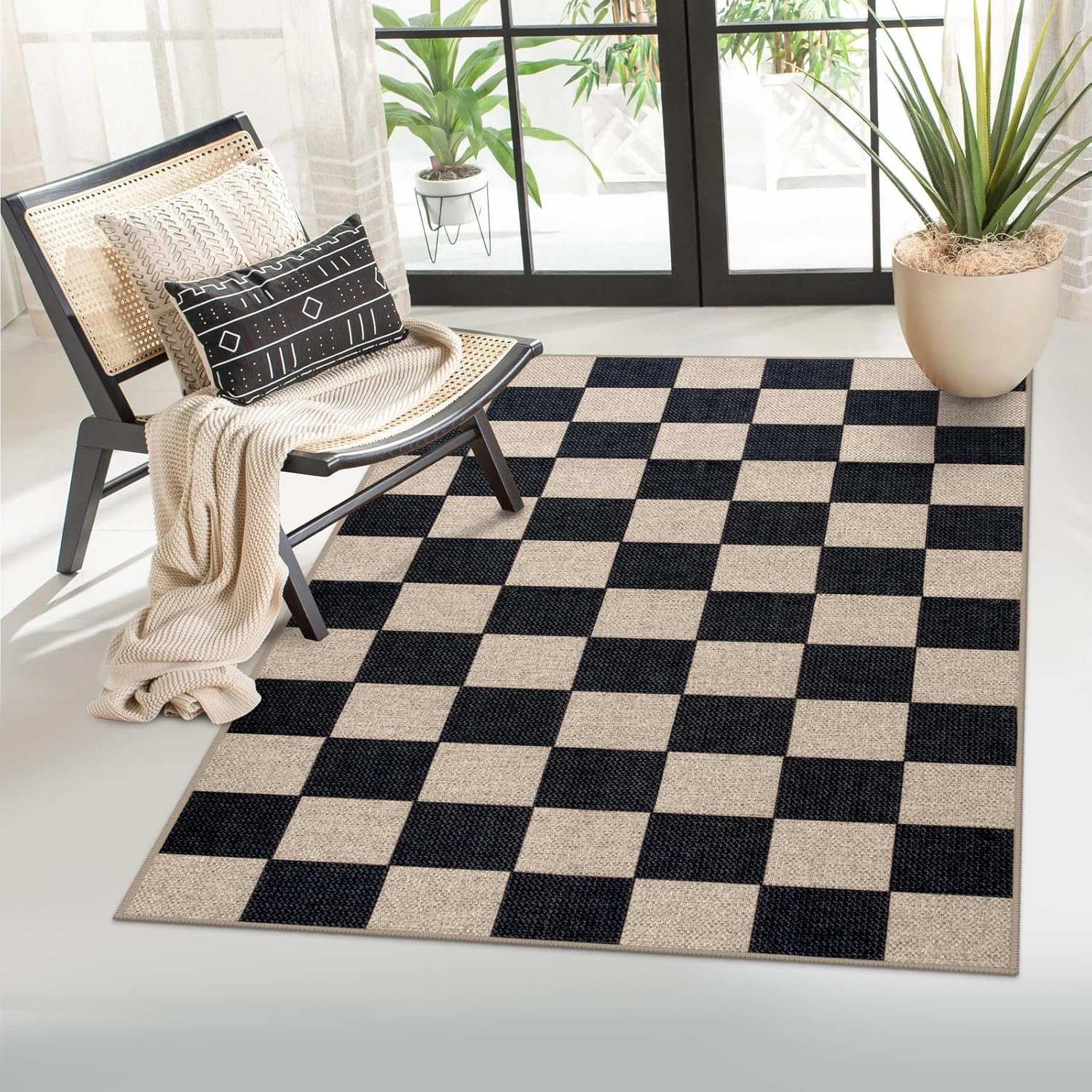 Lahome Checkered Easy Jute Carpet, 3×5 Outdoor Patio Rug Washable Rugs for Entryway Checkerboard Indoor Outdoor Living Room Classroom Carpet, Farmhouse Neutral Non Slip Black Door Mat for Bedroom