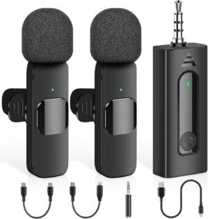 4 in 1 Professional Wireless Lavalier Microphone – 2 Pack Mini Microphone for iPhone Android Camera, Noise Reduction Lapel Mic Ultra Low Delay for Video Recording, YouTube, Interview, Tiktok and Vlog