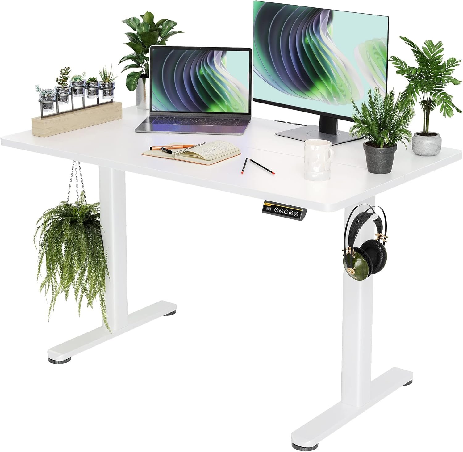 Claiks Electric Standing Desk, Adjustable Height Stand up Desk, 48×24 Inches Sit Stand Home Office Desk with Splice Board, White Frame/White Top