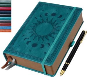 Journal Notebook for Women/Men, Daily for Classic Lined Writing,360 Pages Leather Hardcover with Vintage Sun & Moon Design, SeaGreen, A5 (14.5 x 21 cm)