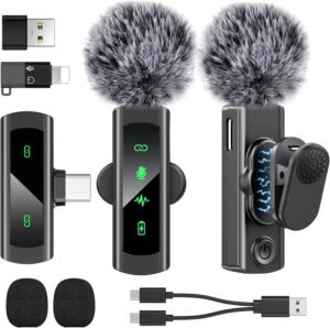 USB C Wireless Lavalier Microphone for iPhone 15 16, Mini LED Display Microphone for Android with Noise Reduction, Lapel Magnetic Clip-on Mic for Recording Content Creator Vlog Tiktok YouTube