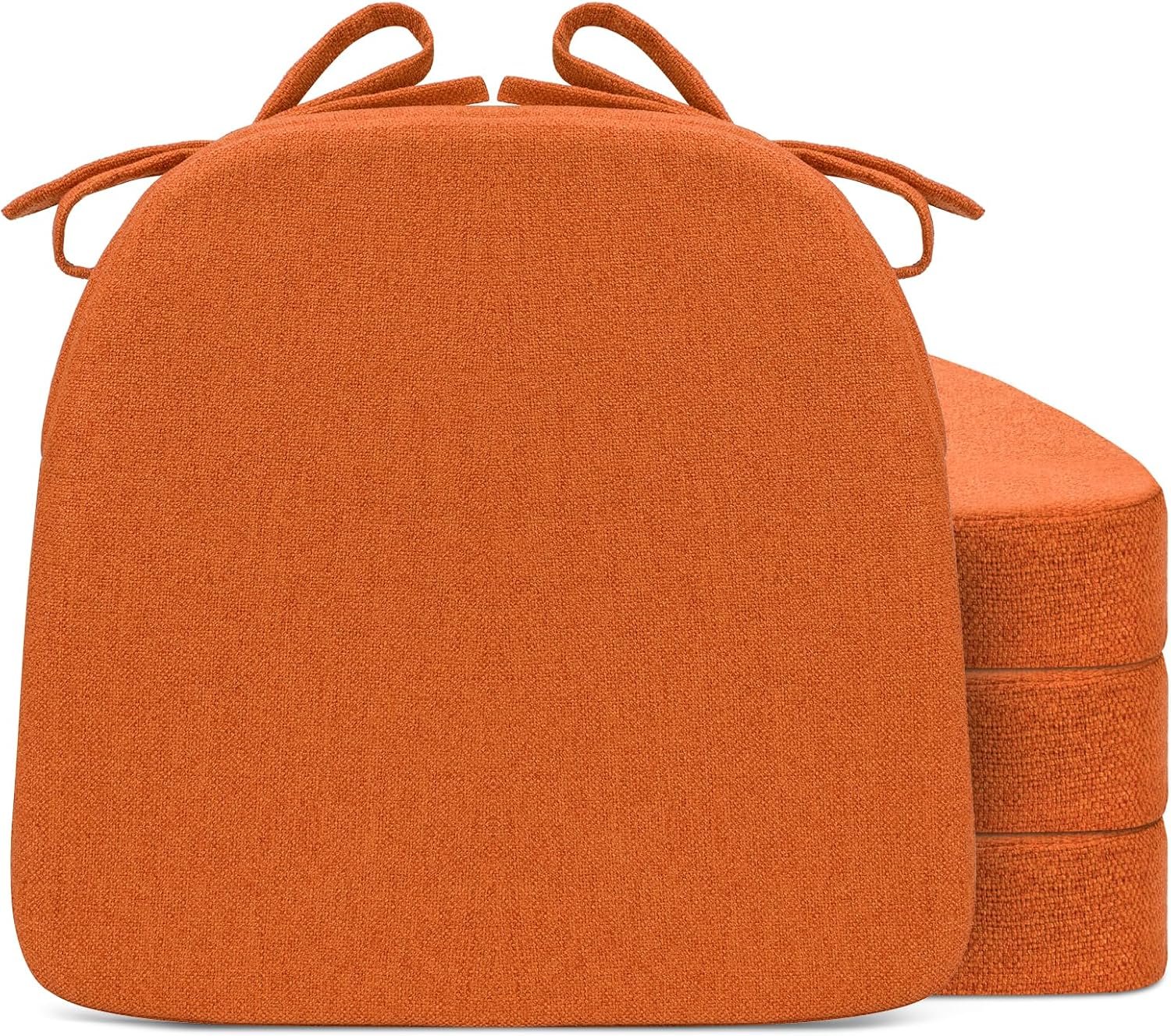 Chair Cushions for Dining Chairs, D-Shaped Seat Cushions with Removable Washable Cover and Ties, Chair Pads for Kitchen, Indoor Dining Room, Patio Chairs, 17” x 16”, Set of 4, Orange