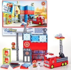 Tile Town Fire Station + Firetruck Magnetic Tiles Building Playset & Vehicle w/ Lights & Sounds + Figures, Kids 3-6+, New Action Tiles for Action Play, Creative Toy | Amazon Exclusive