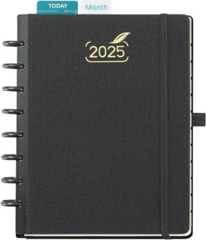 BEZEND Life Planner 2025 Weekly & Monthly Family Organizer with 6 Columns 7″ x 9″ – Agenda 2025 Family Calendar with Tabs, Pocket & Tear-off Shopping List, Disc Bound Flexible Cover – Black