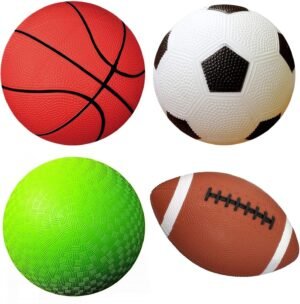 AppleRound Pack of 4 Toy Sports Balls with 1 Pump for Toddlers and Kids: 5-Inch Basketball, 5-Inch Soccer Ball, 5-Inch Playground Ball, 6.5-Inch Football (Mixed Bundle)