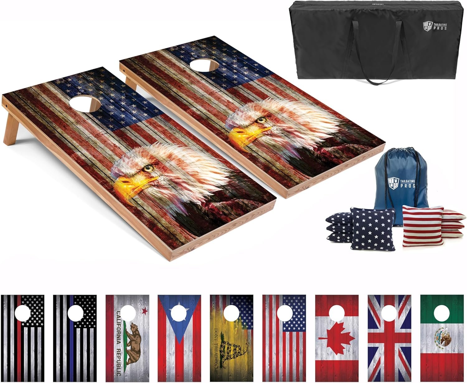 Tailgating Pros Regulation Cornhole Boards Flag Set – Includes 8 Bean Bags, Carrying Cases, and 4’x2′ Corn Hole Toss Game