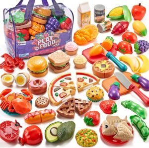 Pretend Play Food for Kids Kitchen – 78Pc Cutting Toy Food with Storage Bag, Food Toys with Veggies, Fruits, Fake Food with Pizza Toy, Pretend Food, Play Kitchen Accessories, Boys Girls Gift