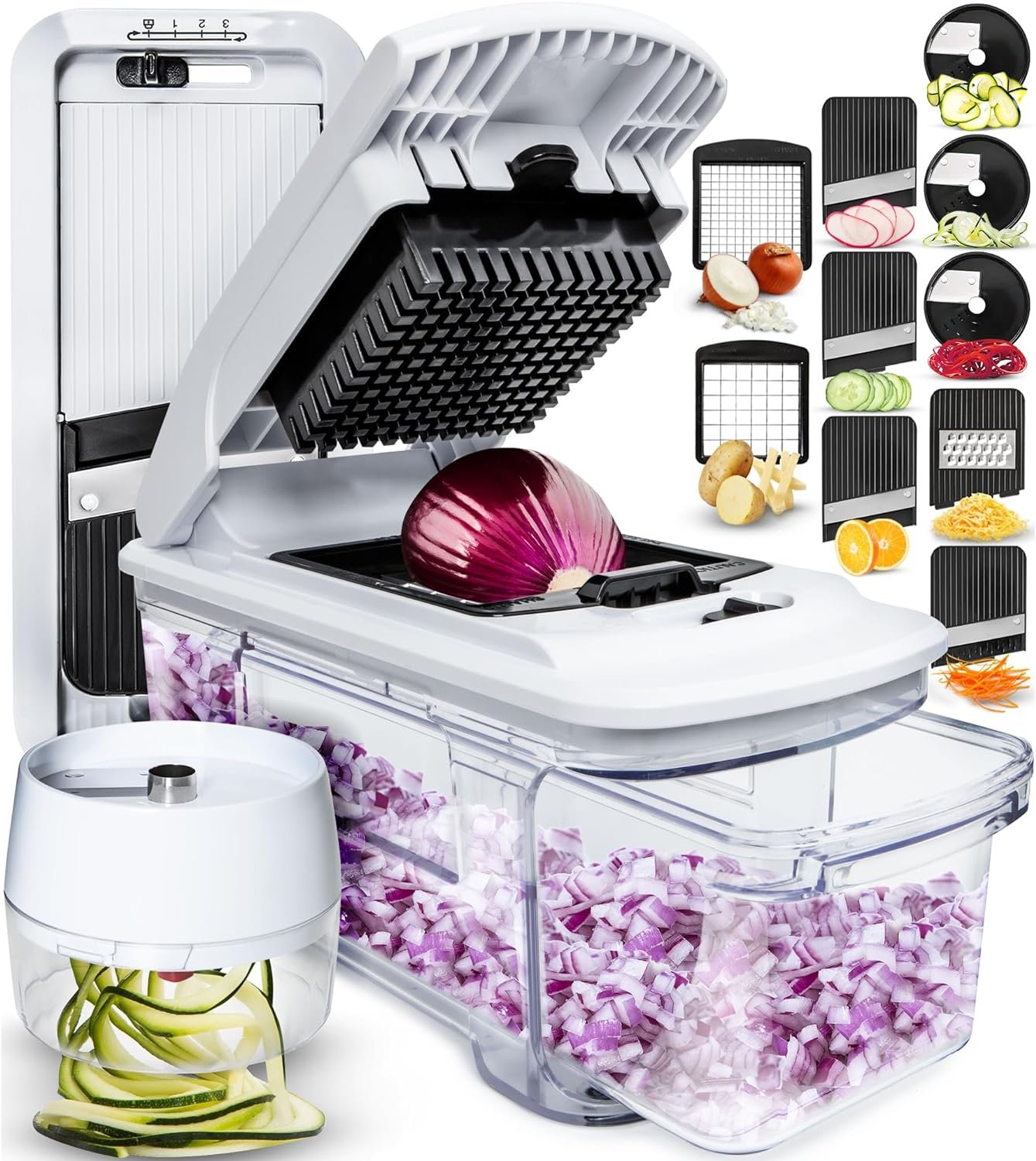 Fullstar All-in-1 Vegetable Chopper and Mandoline Slicer for Kitchen – Cheese Grater, French Fry Cutter, Cheese Slicer – Bonus Handheld Spiralizer Included (6 in 1, Black/White)
