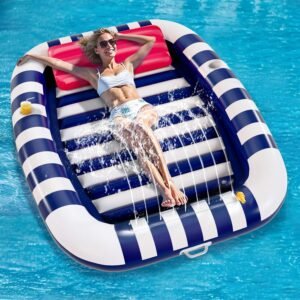 Pool Wave Inflatable Pool Lounger Floats, 80″ x 66″ Large Tanning Bed for Adult Kids, Outdoor Sun Bathing Floating Blow up Raft W/Pillow, Spray Water Mat, Summer Beach Lake Family Party Gift – Blue