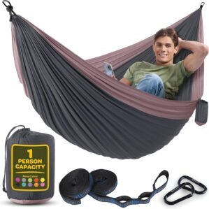 Durable Hammock 400 lb Capacity, Nylon Camping Hammock Chair – Double or Single Sizes w/Tree Straps and Attached Carry Bag – for Travel/Backpacking/Beach/Backyard (Medium, Dark Grey & Dusty Pink)