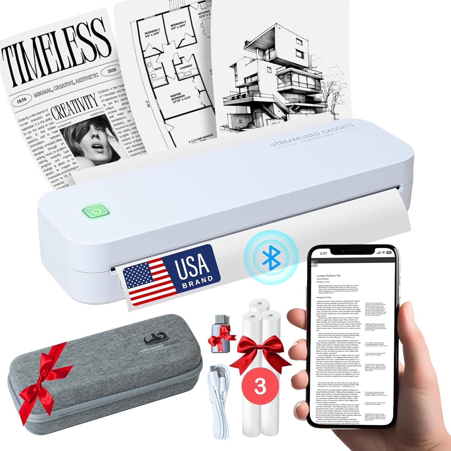 2025 Inkless Portable Printer Wireless for Travel, Bluetooth Thermal Printer Supports 8.5×11 US Letter, Compatible with iOS, Android, MAC, Windows for Office, Car and Home, w/Case+ 3 thermal rolls Kit