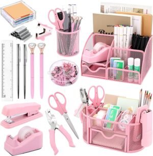 17 in 1 Pink Desk Organizers and Accessories Set, 3 Office Desk Supplies Storage Organization, 4 Pens, Stapler, Staples & Remover, Tape & Dispenser, Scissors, Ruler, Clips, Hole Punch, Sticky Holder