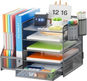 Marbrasse 5-Tier Paper Letter Tray Organizer with Drawer and Pen Holder, Mesh Desktop Organizer and Storage with Magazine Holder for Office Supplies (Grey)