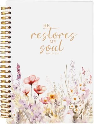 Christian Notebook for Women, Christian Art Gifts Journal, Prayer Journal for Women, Bible Journaling Notebook, PSALM 23:3 He Restores My Soul Floral Spiral Notebook 5.5×8.3