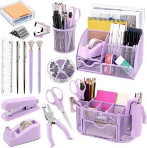 17 in 1 Purple Desk Organizers and Accessories Set, 3 Office Desk Supplies Storage Organization, 4 Pens, Stapler, Staples & Remover, Tape & Dispenser, Scissors, Ruler, Clips, Hole Punch, Sticky Holder