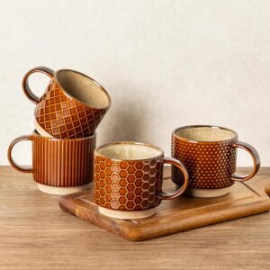 GBHOME 12 OZ Stackable Coffee Mugs, Ceramic Coffee Cups with Texture Patterns for Man,Woman,Dad,Mom, Modern Coffee Mugs Set of 4 for Latte/Cappuccino/Cocoa. Dishwasher&Microwave Safe