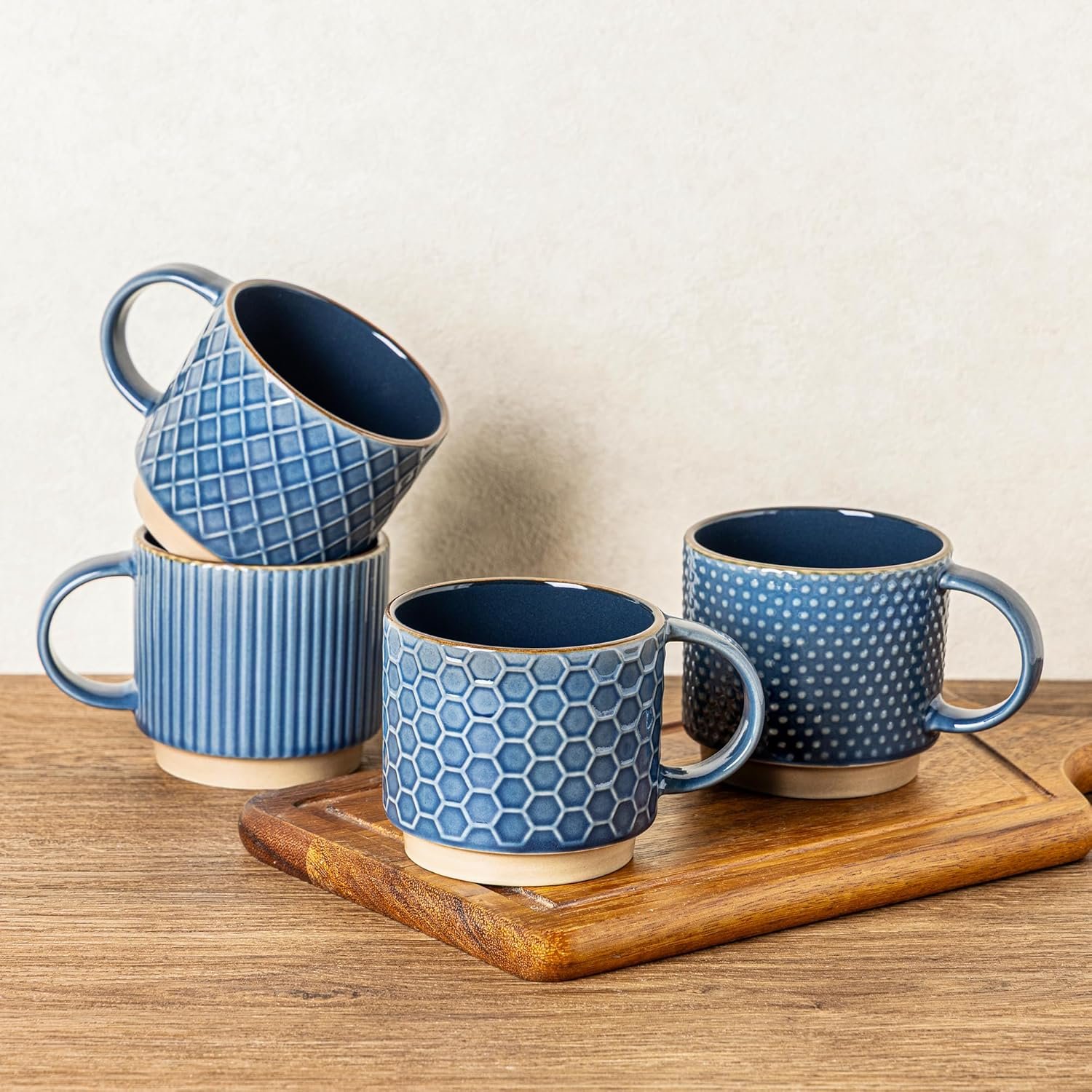 GBHOME 12 OZ Stackable Coffee Mugs, Ceramic Coffee Mugs with Texture Patterns for Man,Woman,Dad,Mom, Modern Coffee Cups Set of 4 for Latte/Cappuccino/Cocoa. Dishwasher&Microwave Safe