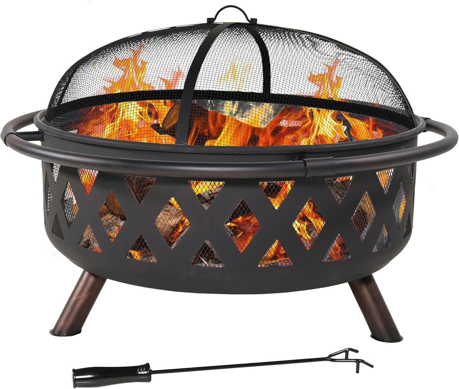 Sunnydaze Crossweave Outdoor Fire Pit – Wood-Burning Fire Pit for Outside with Spark Screen, Poker and Round Cover – 36-Inch – Black