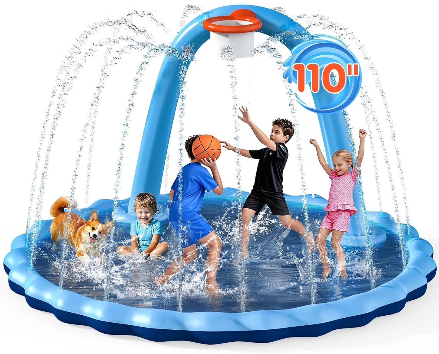 110″ Splash Pad for Kids & Dogs, 2-in-1 Large Sprinkler Water Toys with Basketball Hoop Arch, Thickened Pool Mat Toys for Backyard & Garden Outdoor Summer Fun Ages 4-12