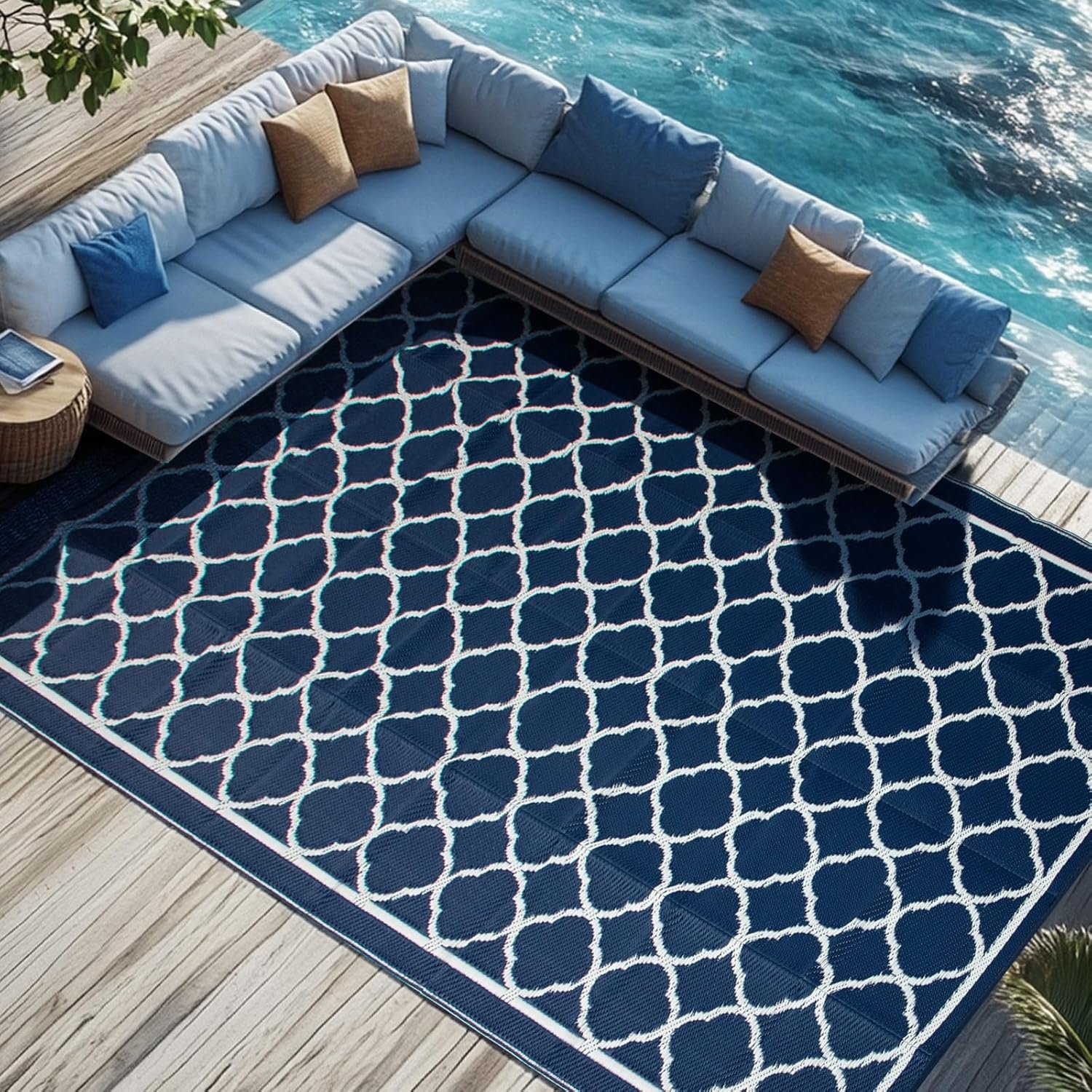 Waterproof Outdoor Rug 9×18 ft, Reversible Plastic Straw Rug, Easy to Clean Patio Rug, Portable Carpet for Patio, RV, Deck, Balcony, Backyard, Picnic, Beach, Clover, Navy Blue