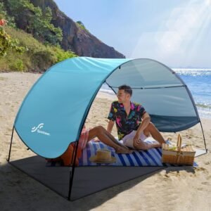 Sportneer Beach Tent Sun Shelter: UPF 50+ UV Protection Beach Canopy Tent Sun Shade for 2-3 Person, Easy Set Up Beach Tent Canopy with 8 Wind Ropes and 12 Ground Stakes for Beach, Size 96.5”x55.7”