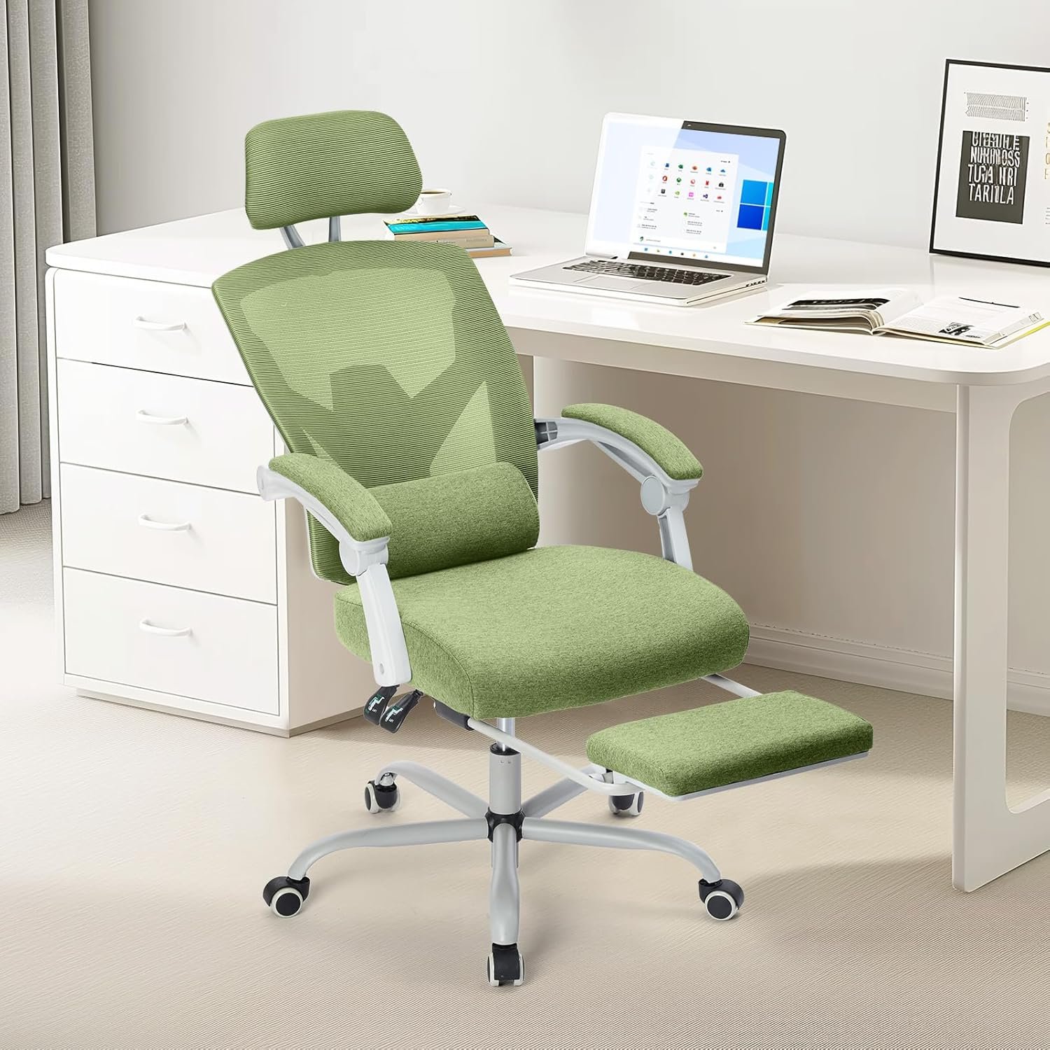 Sweetcrispy Office Computer Desk Chair, Ergonomic High-Back Mesh Rolling Work Swivel Chairs with Wheels, Comfortable Lumbar Support, Comfy Arms for Home, Bedroom, Study, Student, Green