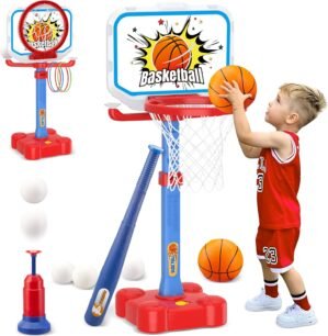 4 in 1 Toddler Basketball Hoop and T Ball Set, Ring Toss Game Kids Toys, Adjustable Height Kids Basketball Hoop Pool Toys Indoor Outdoor Sports, Gifts for Boys Girls Outdoor Toys for Toddlers 3-5 2-4