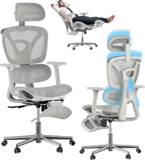 Ergonomic Mesh Office Chair with Foot Rest, Big and Tall Computer Chair with 3D Adjustable Headrest and 4D Armrest, 350 LBS Capacity Reclining Wide Home Office Desk Chairs