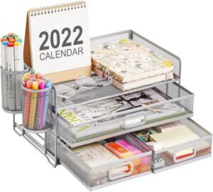 Marbrasse 3 Tier Mesh Desk Organizer with Drawer, Multi-Functional Desk Organizers and Accessories, Paper Letter Organizer with 2 Pen Holder for Home Office Supplies (Silver)